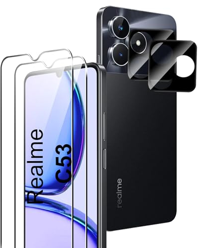 Rojeuinn [4 Pack Protector de Pantalla para Realme C53/C51/Note 50, [2 Pack] Cristal Vidrio Templado y [2 Pack] Protector de Lente de Cámara, Anti-Arañazos-dureza 9H Cristal Templado