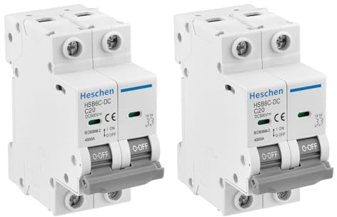 Heschen Lot de 2 disjoncteurs miniatures DC HSB6C-DC, 2 pôles, DC500V 20A, Disjoncteur de puissance photovoltaïque, pour système photovoltaïque solaire, panneaux solaires, système de treillis (20A)
