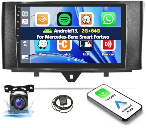 2G+64G Android 13 Autoradio für Mercedes Benz Smart Fortwo W451 2011-2015 mit Carplay Android Auto, 9 Zoll Auto Bildschirm Radio mit GPS Navi WiFi Bluetooth FM/RDS SWC + AHD Rückfahrkamera
