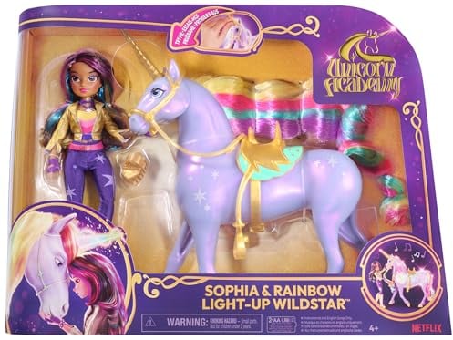 Unicorn Academy Set - Sophia und Licht-Magie Wildstar, ca. 28 cm großes Einhorn mit Lichteffekten und Musik sowie 24 cm große Ankleidepuppe zur beliebten Netflix-Serie, für Kinder ab 4 Jahren