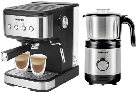 GEEPAS 1100W Espresso & Cappuccino Coffee Machine & 450W Coffee Grinder Combo Set | Milk Frother, 1.5L Water Tank | Wet & Dry Coffee Grinder Mill for Spices Chutney, 800ML Capacity, 2 Speed Pulse