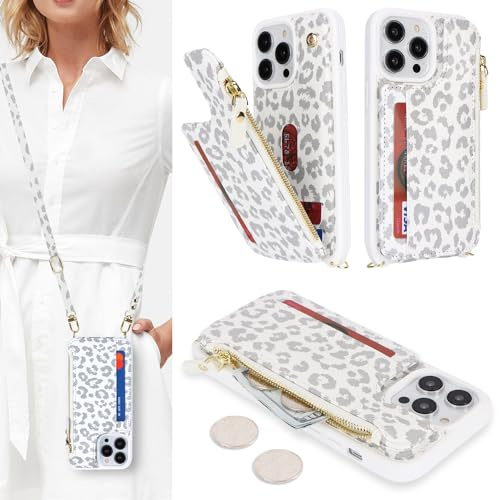 SailorTech Handyhülle für iP 14 Pro Etui mit Kartenfach, Hülle mit Verstellbarer Halskette, Handytasche mit Reißverschluss Geldbörse - Weißer Leopard