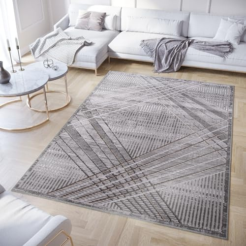 TAPISO Crystal Teppich Kurzflor Grau Braun Glänzend 250 x 350 cm | Geometrisch Abstrakt Wohnzimmer Diamant Linien 3D Effekt Modern Design Schlafzimmer OEKO-TEX