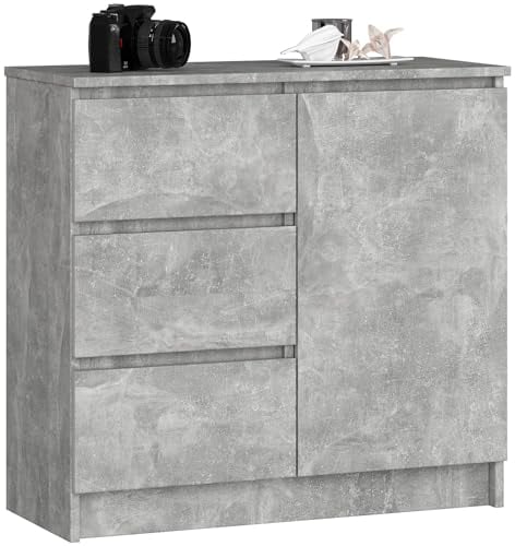 AKORD Kommode K-80 Jerry mit 3 Schubladen | Schrank mit 2 Einlegeböden und 1 Tür | Für das Wohnzimmer Schlafzimmer | Moderne | 16mm Laminierte Platte | 80x77x35 cm | Beton + Beton Front