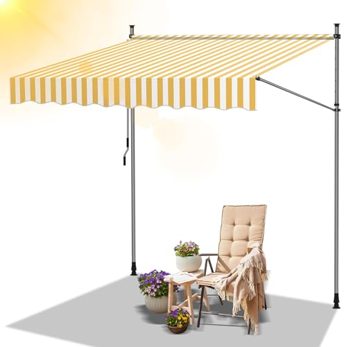 Daromigo Tenda da sole da balcone, larghezza 250 cm, senza fori, con manovella, regolabile in altezza, resistente ai raggi UV, impermeabile e protezione solare, facile da montare, giallo e bianco