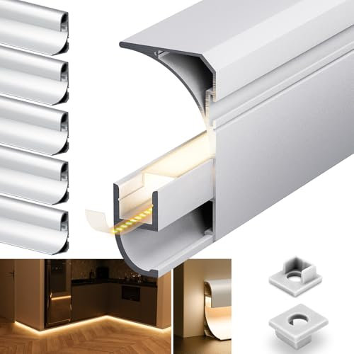 HOOLED LED Sockelleistenprofil modern Für 9 mm LED-/COB-Streifen, Weißes Fußbodenleiste Aluminiumprofil Größe: 2000 x 60,2 x 36,4 mm, Für Wohn- Hotel- und Innenbeleuchtung geeignet (5 Stück)