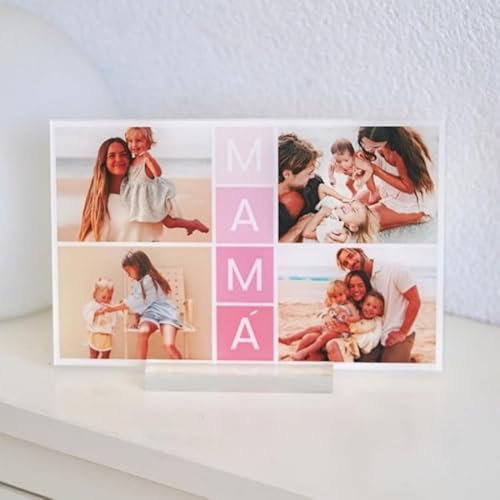 Cristal Plaque Placa Madre Luz LED - Lámparas Personalizadas con Foto 4 Imágenes Letras Mamá en Cuadrados Rosas - Metacrilato Regalo Día de La Madre - Lámpara Personalizada Original Para Mamá y Mujer