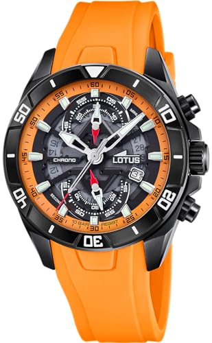 LOTUS Reloj Hombre Analógico de Caucho Naranja - Movimiento de Cuarzo - Cronógrafo - Calendario - Cristal Mineral de Alta Resistencia - Resistente al Agua 10 ATM 18945/3 Vortex
