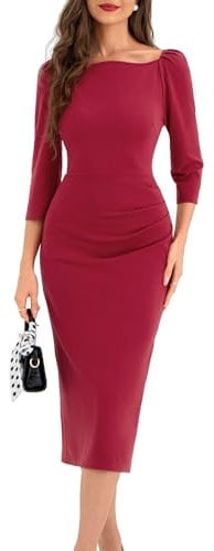 Belle Poque Women Vintage 3/4 Sleeve Bodycon Midi Pencil Dress - Elegant Cocktail Wedding Dress in Wine Red
