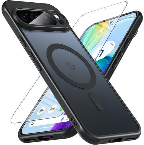 BESINPO Magnetisch Für Google Pixel 9 Pro XL Hülle mit Panzerglas Glas, Militärschutz Handyhülle für Pixel 9 Pro XL Matt Transluzente Robust Schutzfolie Schutzhülle Case Cover(Schwarz)