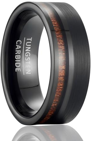 SOXEMAN 8mm breiter Herren-Hochzeitsring aus Wolfram, Design mit zwei Abschnitten, Holzmaserungskanal & gebürsteter Oberfläche (US-Größen) | Schwarz & Braun | US-Größe 10 (62,2 mm)