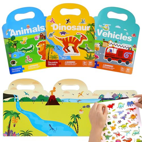 WPPQWP 3 Set Wiederverwendbare Stickerbücher, Sticker ab 3 Jahre 8 Jahre für Kinder, 94 Stück Immer Wieder Puffy - Sticker, Tiere, Fahrzeug, Dinosaurier, Geschenk Aufkleber