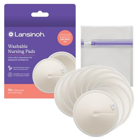 Lansinoh Coppette assorbilatte lavabili, realizzate in viscosa di bambù biologica, riutilizzabili, per l'allattamento al seno, con borsa per il lavaggio, essenziali per l'allattamento al seno, 10