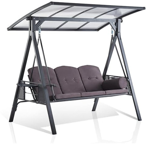 PURPLE LEAF Hollywoodschaukel 3 Sitzer mit PVC Hardtop, Gartenschaukel mit Festem Dach, Schaukel mit Verstellbares Sonnendach, Wasserdicht Sonnenbeständig, Grau