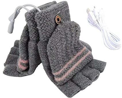 USB Heated Gloves for Women Men, Double-sided Heated Fingerless Gloves Heating Knitting Hands Warmer for Indoor Outdoor Hiking Driving Cycling Running Laptop Gaming Typing (Grey, M)