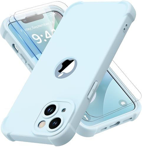 ORETECH Compatibile con Cover iPhone 14 Plus,Custodia iPhone 14 Plus con 2 x Pellicola Protettiva Vetro Temperato Ultra Sottile Antiurto Hard PC Silicone Anti Graffio Cover - Azzurro