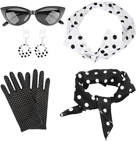 Lufdegim 50er Damenmode Rollenspiele Kleidung Anzüge für Damen Polka-Punkte Kopftücher Handschuhe Brillen Haarschmuck Vintage-Stil Karneval Party Maskerade