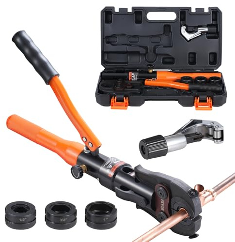 VEVOR Copper Pipe Crimping Tool, Hydraulic Driven Press Tool with 1/2, 3/4, 1 Jaws, Copper Tube Fittings Pipe Crimpers for Narrow Spaces and Tee Fittings