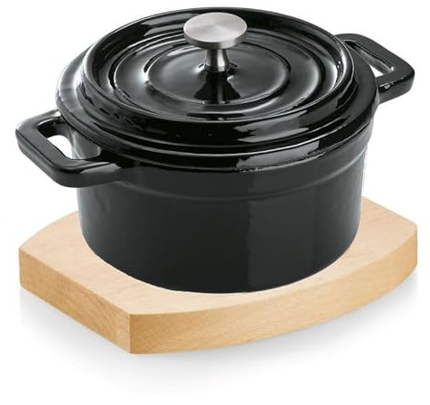 4 cocottes noires en fonte de 10 cm de diamètre avec couvercle émaillé + 4 dessous de verre en bois
