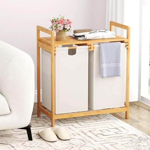 GIANTEX Panier à Linge avec Étagère en Bambou, Bac à Linge avec 2 Compartiments Coulissants, 2 Poignées, Corbeille à Linge Charge 45 KG pour Salle de Bain, Buanderie, Chambre, 64 X 33 X 73 CM (Blanc)