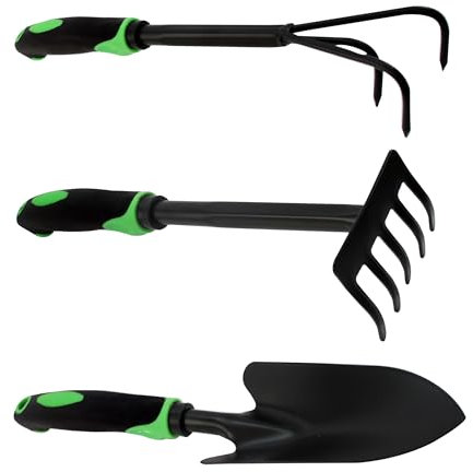 TIENDA EURASIA – Pack 3 Herramientas para Jardín | Rastrillo Jardin | Color Negro y Verde | Acero y Plástico PRFV | Medidas 30x8.5x7 cm 33x8.5x7 cm y 36.5x6.5x6 cm | Paleta de Mano y Transplante