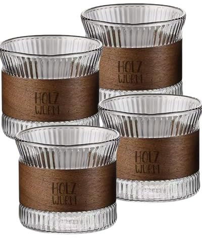 Holzwurm Espressotassen Set Glas 170 ml inkl. Walnuss Holz, Cappuccino Gläser, Teetasse für Tee, Espresso Tassen, Mokka Tassenset für Kaffeeliebhaber (Transparent, 4er Set)
