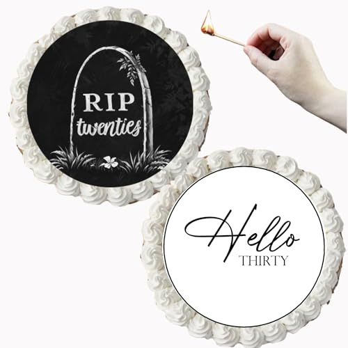 Burn Away Tortenaufleger Set RIP Twenty - Hello Thirty, Esspapier, 20 cm, 2 Stück, Geburtstagstorten-Dekoration