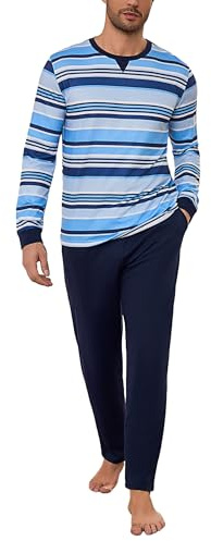 Bresdk Pigiama Uomo Cotone Lungo Invernale Pigiami Uomo Caldo con Maniche Lunghe e Pantaloni Casual Leggero Blu-C L