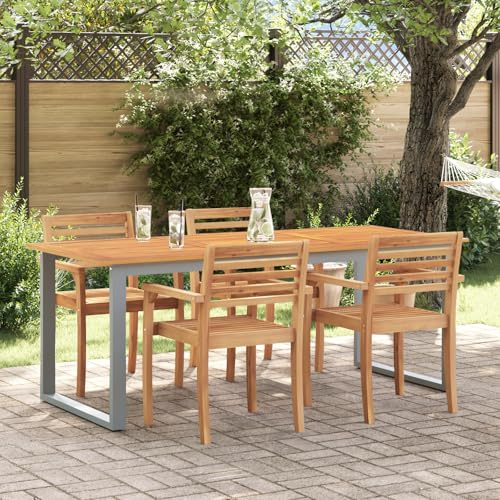 Youuihom Gartentisch Grau 160x80x75 cm Moderner Esstisch aus Stahl & Massivholz Akazie Wetterfest und Stabil für Balkon Terrasse oder Garten