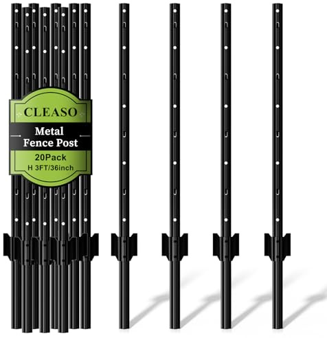 20 Pack Metal Fence Posts, 3ft Heavy Duty U-Post, Black Garden Stakes, No-Dig Post Anchors for Wire Fences, Temporary Fencing, Electric Fence, and Corner Support