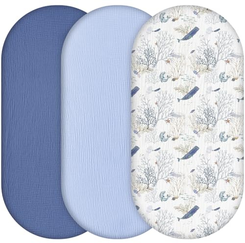 Yukkidds Spannbettlaken Kinderwagen, 100% Musselin Matratzenbezug 81x41 cm | 100% Musselin-Baumwolle, Weich & Atmungsaktiv, Bettlaken für Stubenwagen Beistellbett & Babybett, 3er Pack, Blauer Delphin