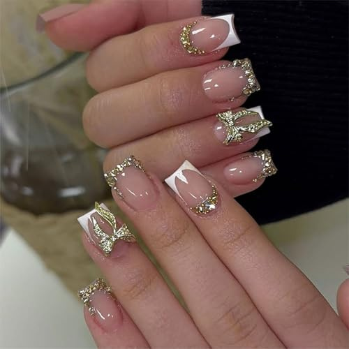 TESGADGETS 24 Stück goldene Strasssteine ​​zum Aufdrücken kurze quadratische French-Tip-Kunstnägel 3D-Diamant mit goldener Schleife vollständige Abdeckung für Frauen und Mädchen
