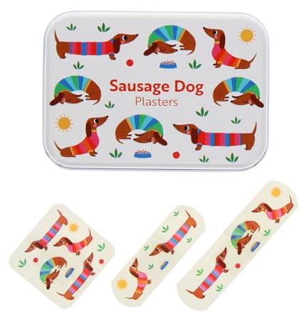 Rex London Dinosaurier Pflaster Set in Metalldose, 30 Stück Latexfrei, 3 Größen, Bunte Dino-Motive für Kinder (Sunny Sausage Dog)