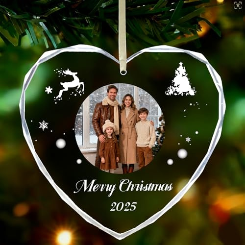 Umitive Personalisiertes Weihnachtsbaum deko mit Foto & Text, Individuelle Weihnachtsdekoration aus Glas, Geschenk für Paare, Familie & die erste Weihnacht zusammen 2025 (Style A)