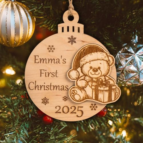 Joyforge Personalised Baby's First Christmas Bauble - Custom Name Wooden Teddy Bear Ornament, Engraved 1st Christmas Keepsake Gift for Newborn, Rustic Tree Decoration