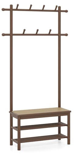 FANTASK Portant à chaussures en rotin synthétique 71 x 30 x 169,5 cm, porte-manteau avec étagère à chaussures, 2 barres de suspension et 13 crochets, porte-manteau en bambou pour entrée, marron