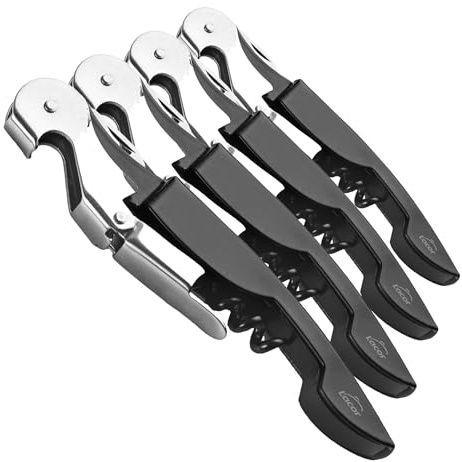 LACOR, 63044, Sacacorchos Camarero Luxe, Acero Inoxidable, Sacacorchos, Abridor de Botellas y Cuchilla corta Cápsulas, Abridor de Vino y Cerveza, 3 en 1, Negro (Paquete de 4)