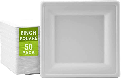 Disposable Square Paper Plates Medium [20cm, 50 Pack] Heavy Duty Strong Party Plates for Hot Food Reusable Super Rigid Takeaway Bagasse Sugar Cane for Weddings, Christmas, Events - 20 cm (8 Inch)