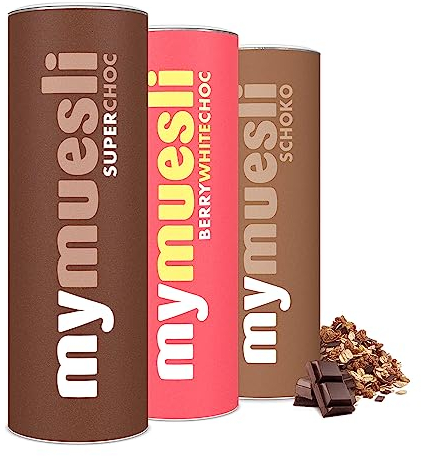 mymuesli Schoko-Mix BIO Müsli (3x 575g) mit 1x Super Choc mit weißer, Vollmilch- und Zartbitterschokolade, 1x Berry White Choc mit weißen Cranberry-Chocs und 1x Choc mit 5 Schoko-Zutaten - Ohne Palmöl