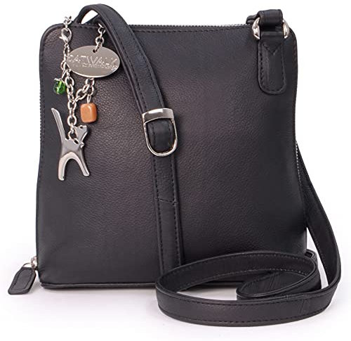 Catwalk Collection Handbags - Damen Leder Umhängetasche - Crossbody Bag/Handtasche Mittelgroß - Verstellbarer Schultergurt - ELEANOR - Schwarz