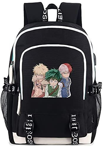 Roffatide Anime My Hero Academia Izuku Midoriya Katsuki Bakugo Shoto Todoroki Laptop-Rucksack mit USB-Ladeanschluss und Kopfhöreranschluss