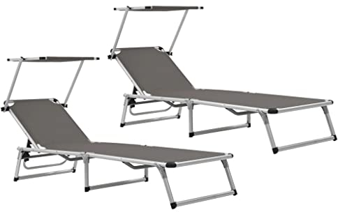 vidaXL 2X Sonnenliege Klappbar mit Dach Gartenliege Strandliege Gartenmöbel Liege Relaxliege Freizeitliege Campingliege Aluminium Textilene Grau
