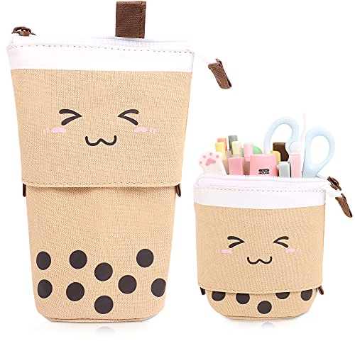 MAMUNU Federmäppchen mit Ständer, Cartoon-Motiv, niedliches Teleskop-Federmäppchen, Stiftehalter, Kawaii, Leinen, Bleistifthalter, Kosmetiktasche, Teenager, Erwachsene (braun)