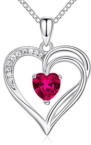 AM ANNIS MUNN 925 Sterling Silber Kette Herz Halskette Damen Geburtsstein Halskette für Frauen Doppelherz Kette Silber Schmuck Damen Geschenke für Frauen Mama Freundin (07-Rubin)