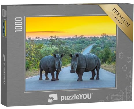 puzzleYOU: Puzzle 1000 Teile „Zwei Nashörner auf Einer Straße bei Sonnenuntergang, Kruger Nationalpark, Südafrika“ – aus der Puzzle-Kollektion Afrika