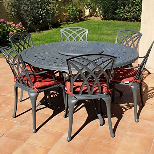 Lazy Susan 150 cm Runder Frances Gartentisch in Schiefergrau mit 6 April Stühlen mit terrakotta Sitzkissen | Sandguss-Aluminium | Wetterfest | Rostfrei | Wartungsarm | 3 Jahre Garantie