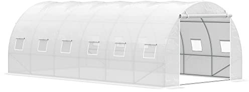 Outsunny Invernadero de Túnel 6x3x2 m Invernadero de Jardín con Puerta Enrollable 12 Ventanas Cubierta de PE 140 g/m² y Metal Galvanizado para Cultivos Plantas Verduras Blanco