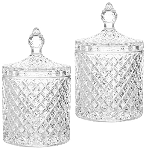 TULEBOLIAN 2-Pack Crystal Glass Storage Jars - Diamond Faceted Design with Crystal Lids, Clear Glass Canisters for Sugar, Snacks, or Decor, for Kitchen, Living Room, Bedroom, or Bathroom,3.27x5.5 In