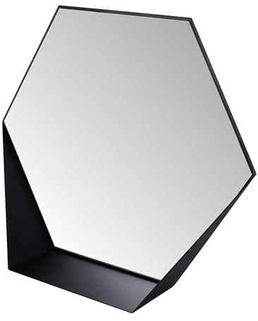 Gorillz Hive Wandspiegel Schwarz mit Ablage I Spiegel in Hexagon Form I Industrieller Rahmen aus Stahl I Praktisches Ablagefach für Make-Up & Dekoration I Moderner Style in Schwarz oder Weiß