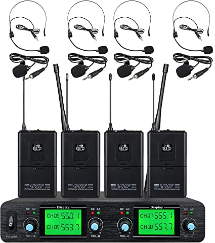 Tbaxo Wireless Microphone System UHF 4 Channel 4 Headset & 4 Lavalier Lapel Mic 4 Bodypacks Dynamic Mics with New FCC Frequency for Conference Meeting Speech Karaoke Party Wedding Church